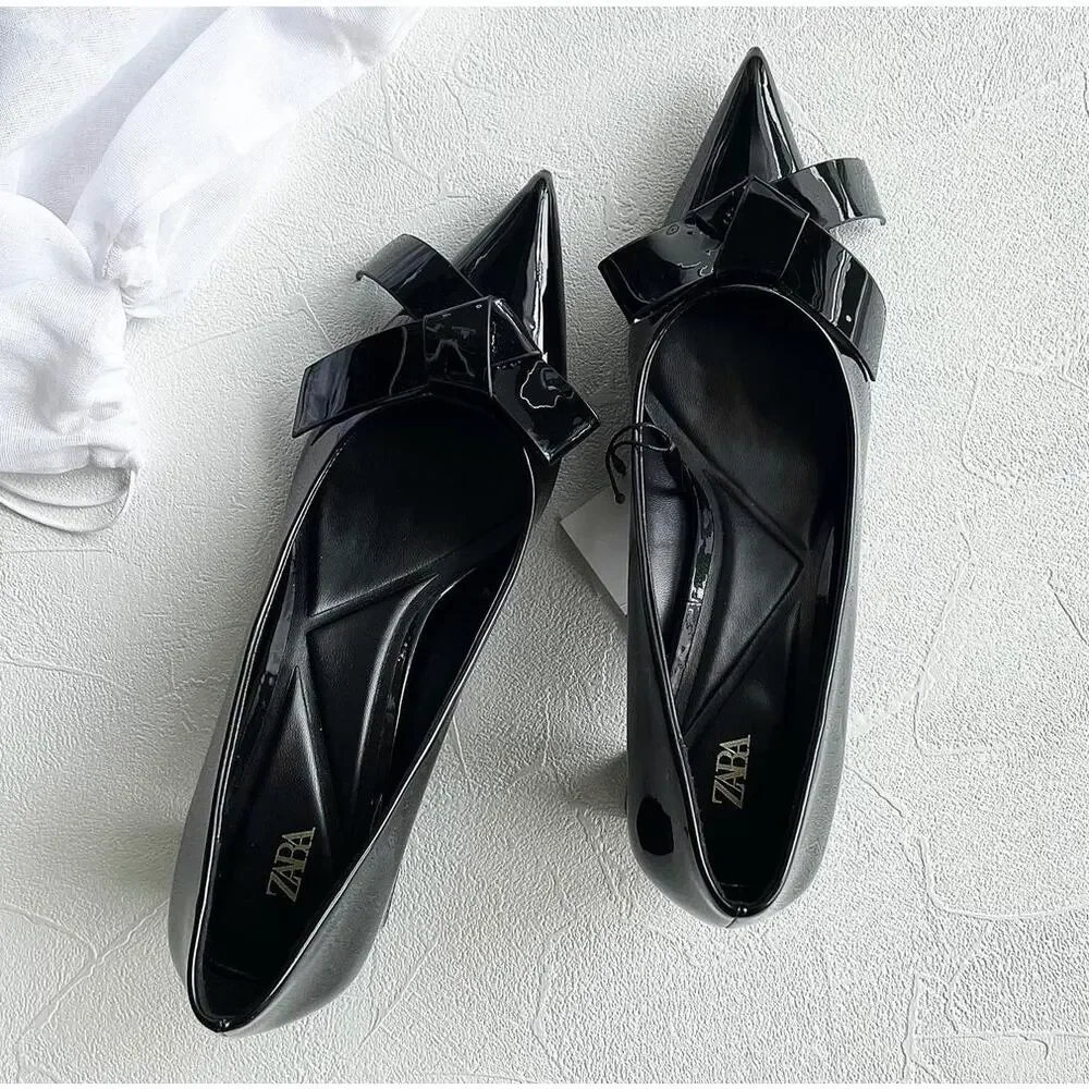 ZARA Black Patent Bow Pumps Pointed Toe Block Heel Office Shoes NWT 6.5